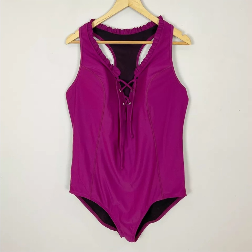 New Livi Active Purple 1 Piece Swim Suit Lace Up (Size 18)